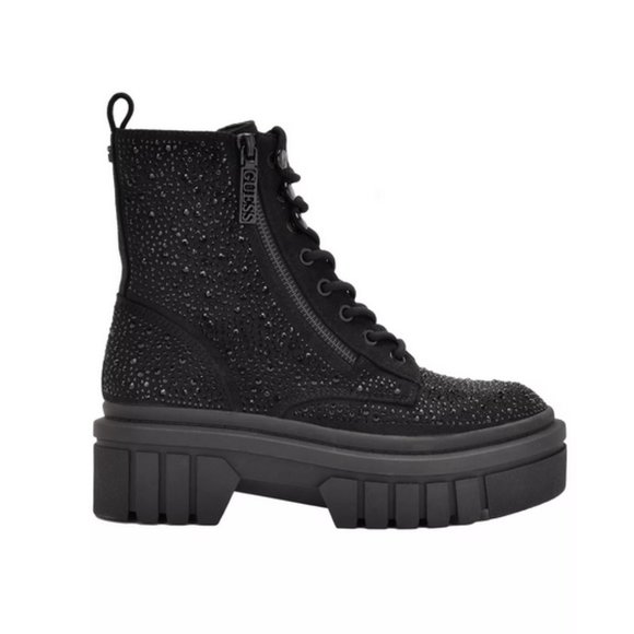 NEW with TAGS in BOX GUESS Ferine CRYSTAL Embellished Combat Boots - Picture 2 of 12